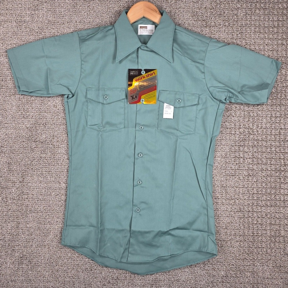 Vintage 70s Montgomery Ward Wards Best Mens Work Shirt Green Short Sleeve Small